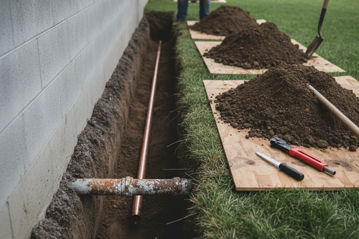 Excavated water line trench during Water Softener Installation in Aiken